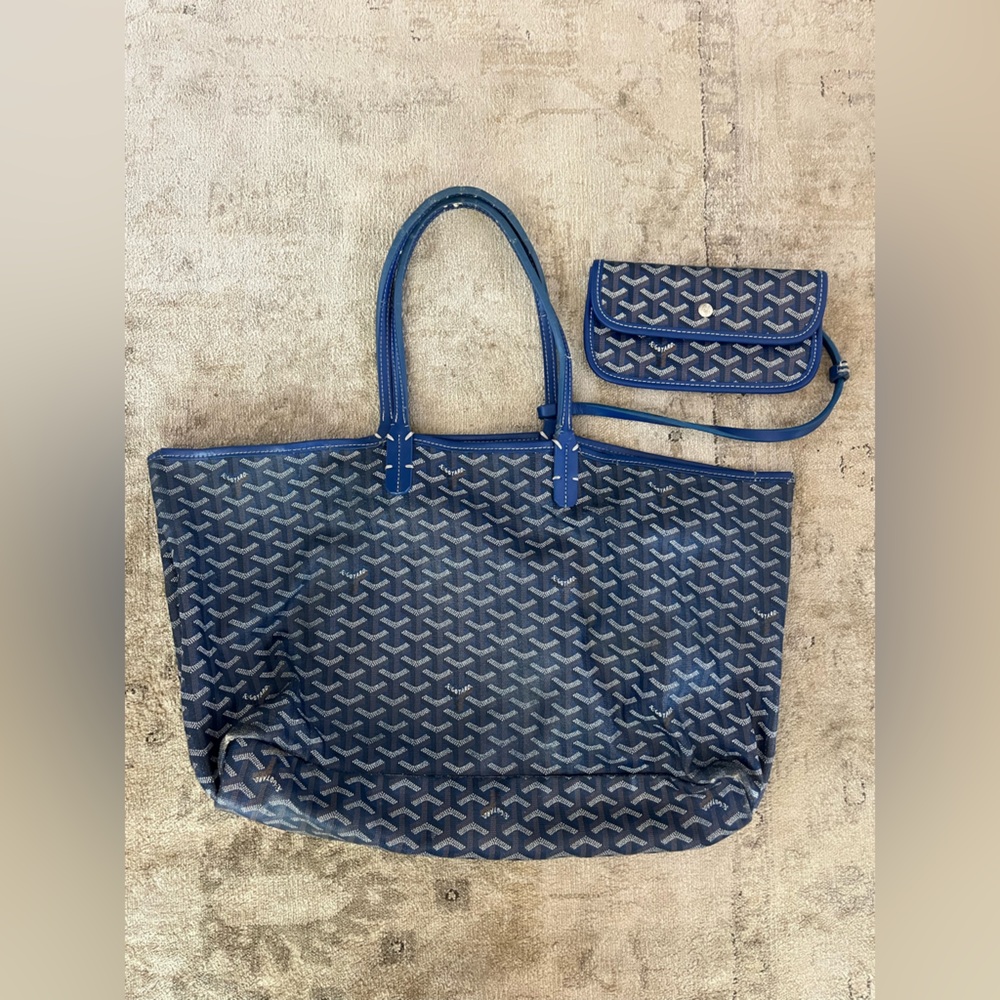 Blue Goyard tote bag with matching wallet